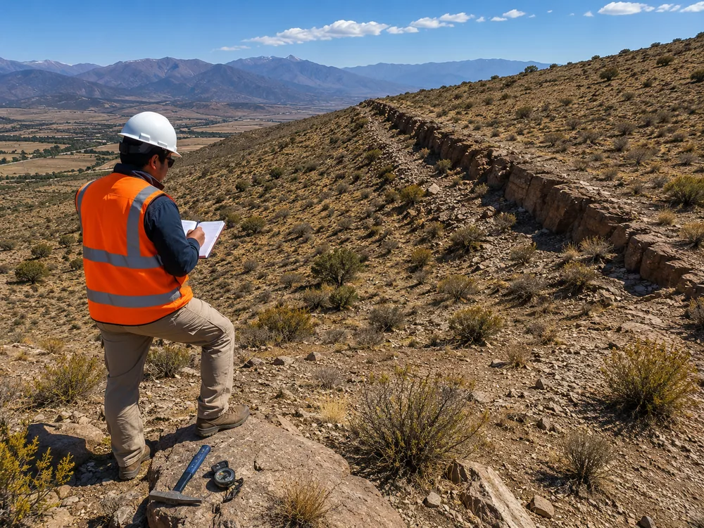 Profesional inspeccionando una falla geológica activa