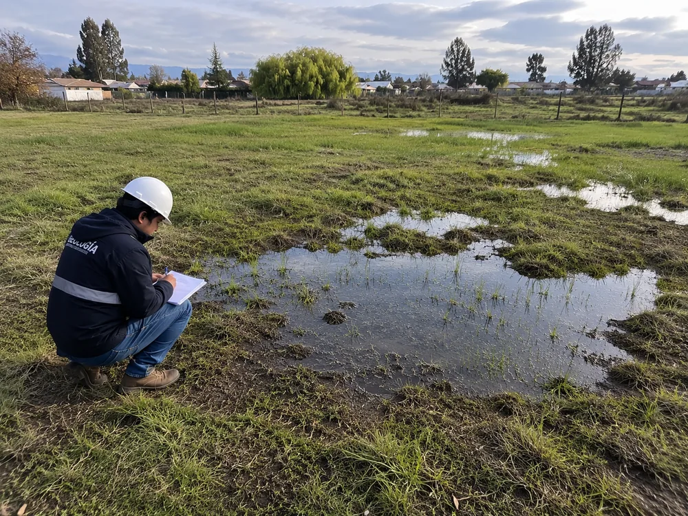 Profesional evaluando un área con inundación superficial